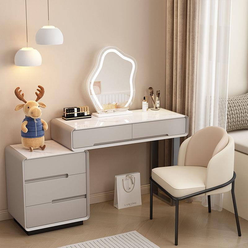 烤漆梳妆台新款收纳柜一体岩板实木奶油风卧室现代简约化妆桌斗柜