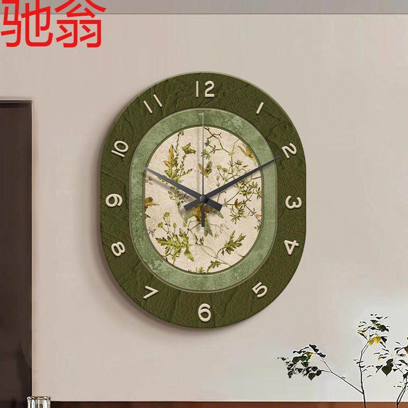 E4C法式复古客厅挂钟高级感中古风餐厅装饰画创意钟表挂墙绿色时