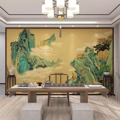 2024新款山水电视背景墙壁纸客厅壁布新中式墙布复古祥云仙鹤墙纸