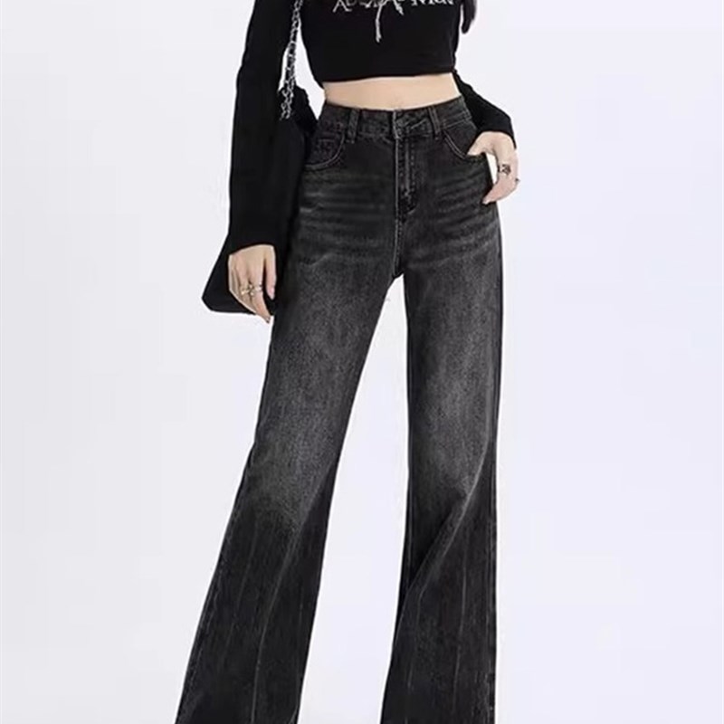 美式黑灰色微喇牛仔裤大码梨型身材遮胯显瘦喇叭裤不显三角区裤子