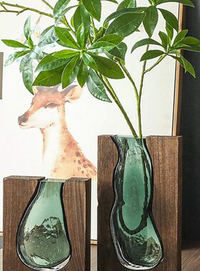 客厅醉高档鲜花轻奢吊木质花瓶创意水培马插花木新中式钟玻璃摆件