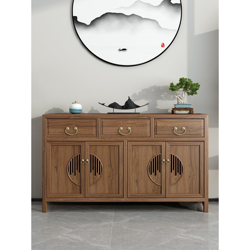 A10L新中式餐边柜实木边柜斗柜矮柜榆木胡桃木色储物柜简约日式靠