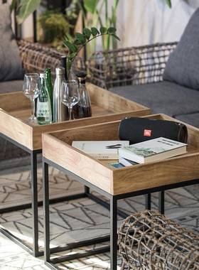 美式loft实木茶几收纳盒会客洽谈多功能沙发边几边桌工业风小方桌