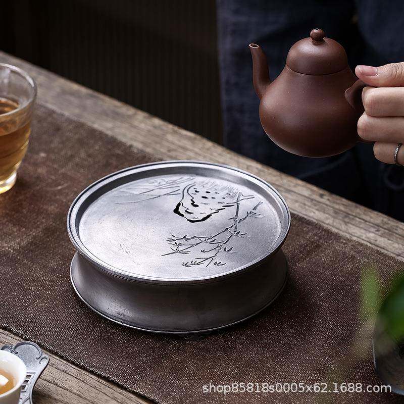 中式复古锡壶承家用储水干泡盘小茶盘茶海干泡台茶承茶台圆形托盘