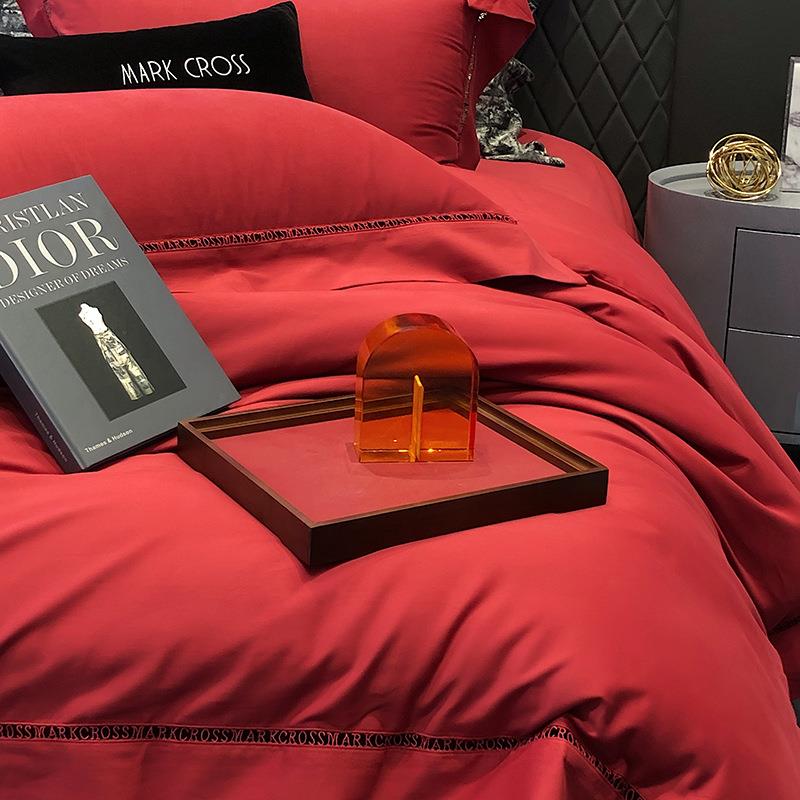 高端100s简约镂空全棉磨毛四件套轻奢喜庆床上用品长绒棉四件套