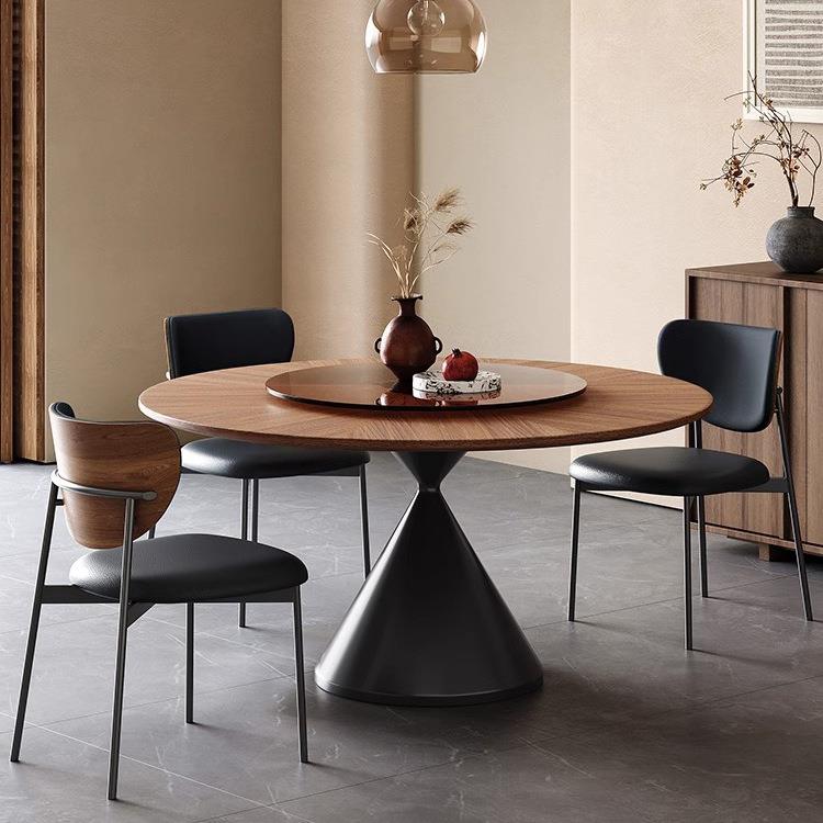 法式复古实木圆桌中古风带转盘小户型拼花家用餐桌椅胡桃木色饭桌