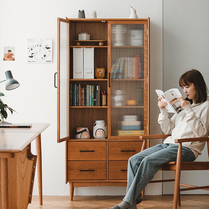 亚玎_光阴书柜北欧实木书柜储物柜展示柜日式简约落地带门置物架