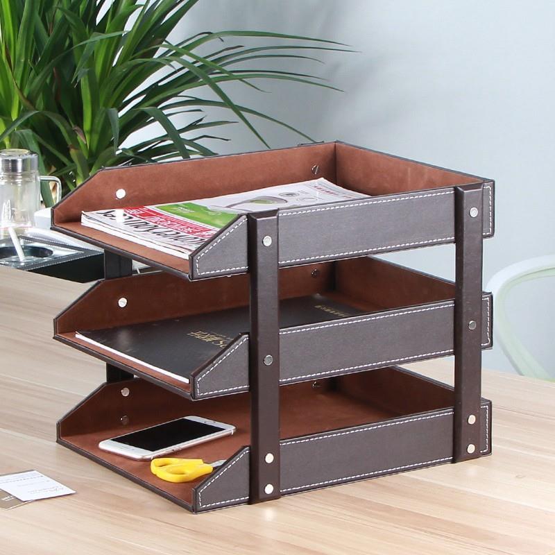 文件盘商务办公资料票据整理架三层皮革桌面文件架