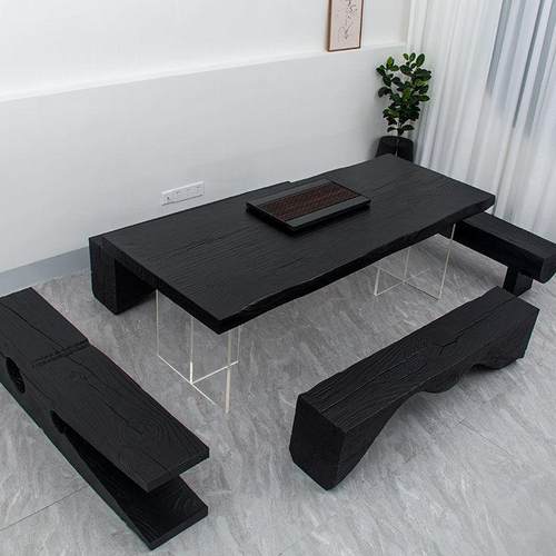 原木大板餐桌子民宿悬浮亚克力设计师黑色工作台创意实木茶桌炭化