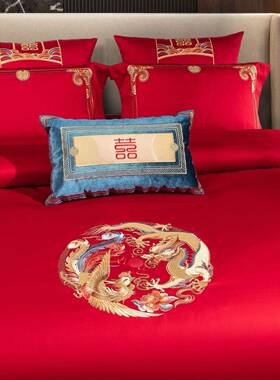 中式高档大红色龙凤婚庆四件套纯棉全棉被套结婚陪嫁送礼床上用品