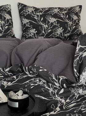A类母婴级~床上四件套纯棉全棉黑色床单被套法式复古风高级感床品