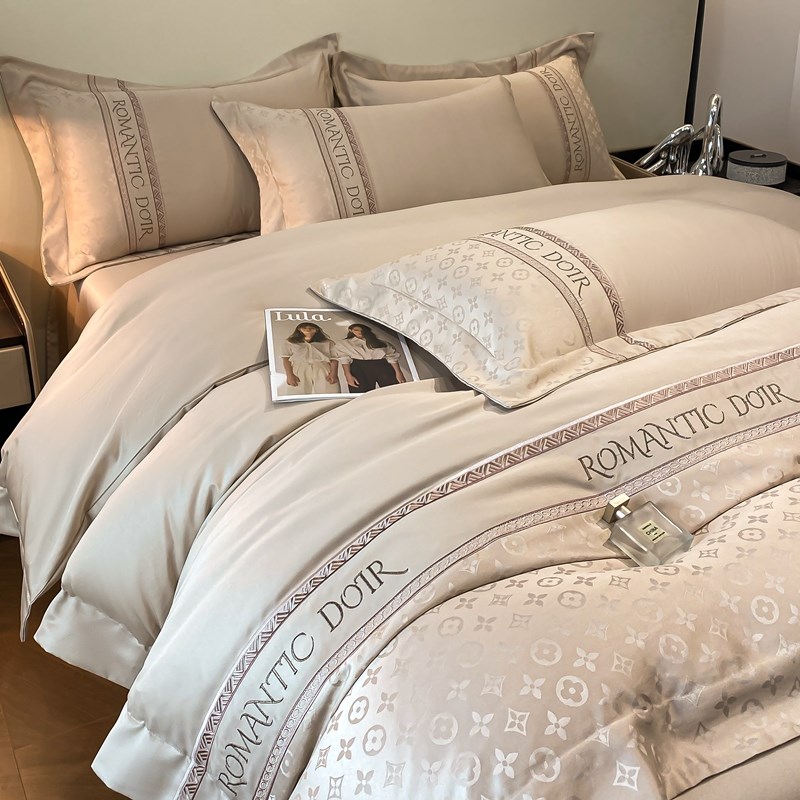 欧式冰丝四件套轻奢丝滑裸睡双面水洗真丝被套贡缎提花床单夏床品