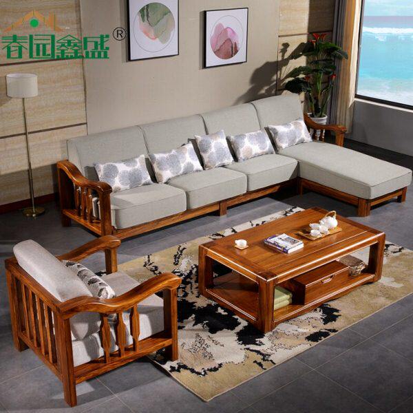 纯全实木乌金木贵妃沙发木架沙发L型北欧新中式简约客厅家具布艺