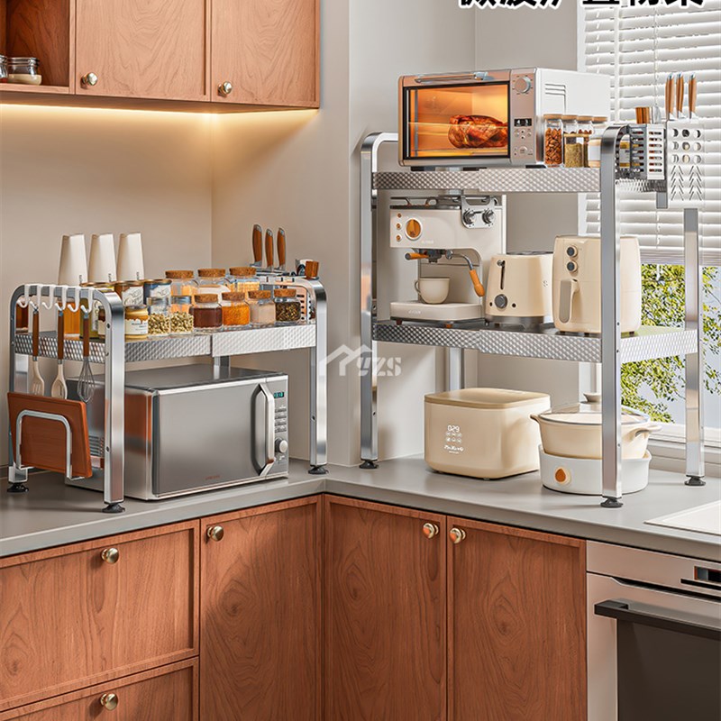 不锈钢厨房微波炉置物架家用台面电饭锅电饭煲P电器收纳架烤箱支