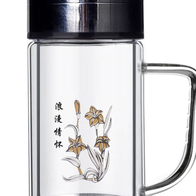 YZY/渊之源双层玻璃杯办公杯380ml水杯过滤网耐热茶X杯透明带盖带