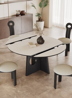 可伸缩岩板餐桌方圆两用复古202C4新款小户型中古风圆形实木餐桌