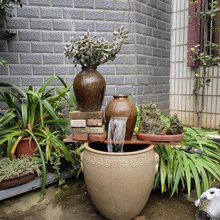 古法生态养鱼循环流n水陶罐庭院乔迁新居室内现代创意流水造景摆