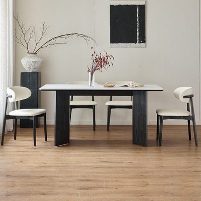 德利丰岩板纯白餐桌 实木全底板饭桌 家用小户型长方形简约复古桌