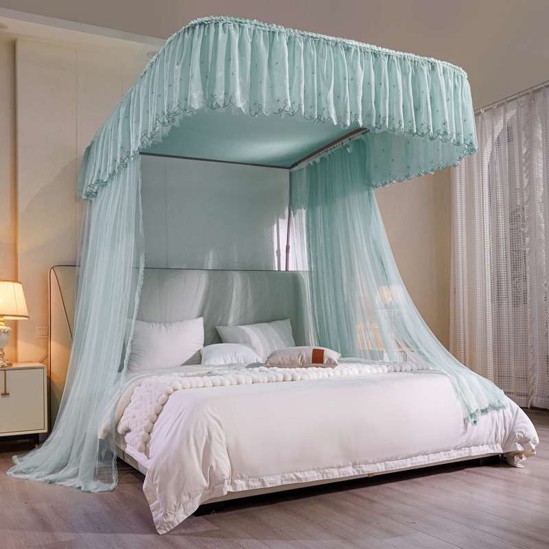 新款防尘顶u型导轨o蚊帐家用卧室三开门落地加密床幔加厚伸缩支架