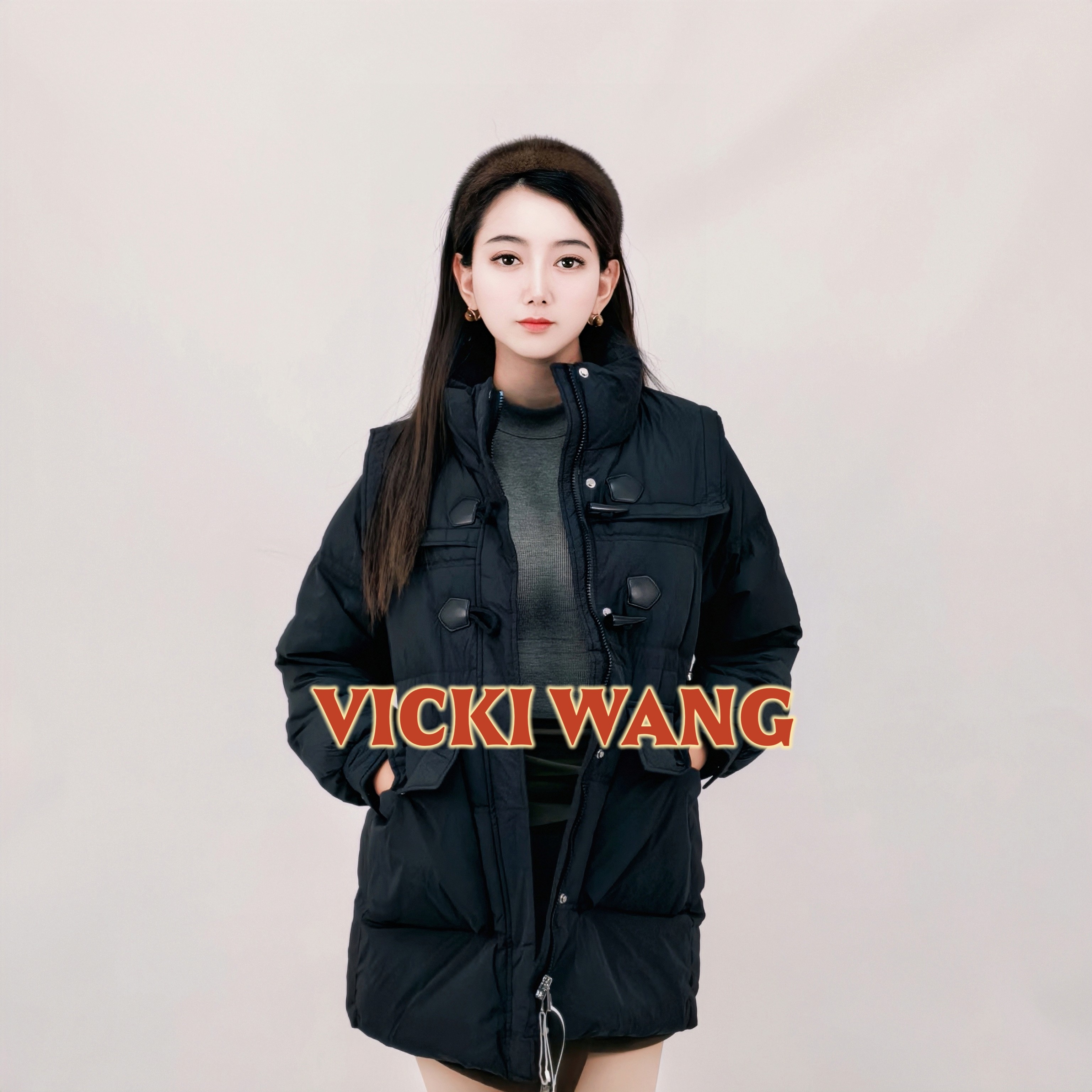 黑色中长款牛角扣羽绒服女韩版收腰显瘦小个子冬季外套