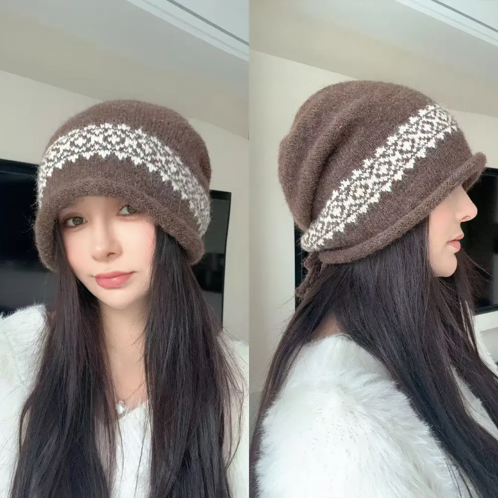 复古提花抽绳堆堆帽女款秋冬保暖