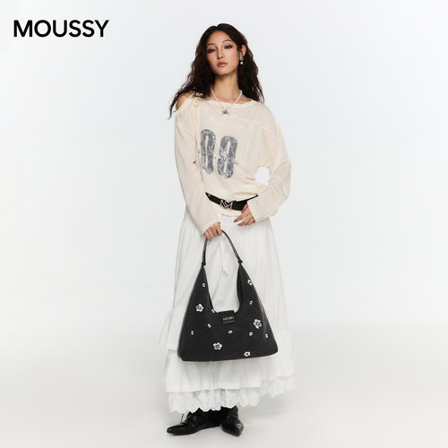 Moussy花朵刺绣hobo单肩包百搭