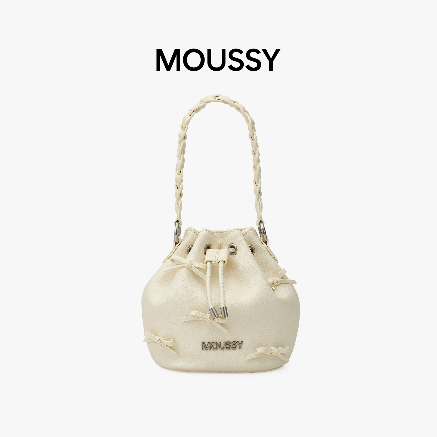 MOUSSY蜜意前行荔枝纹软皮水桶包女新款手提百搭简约蝴蝶结单肩包
