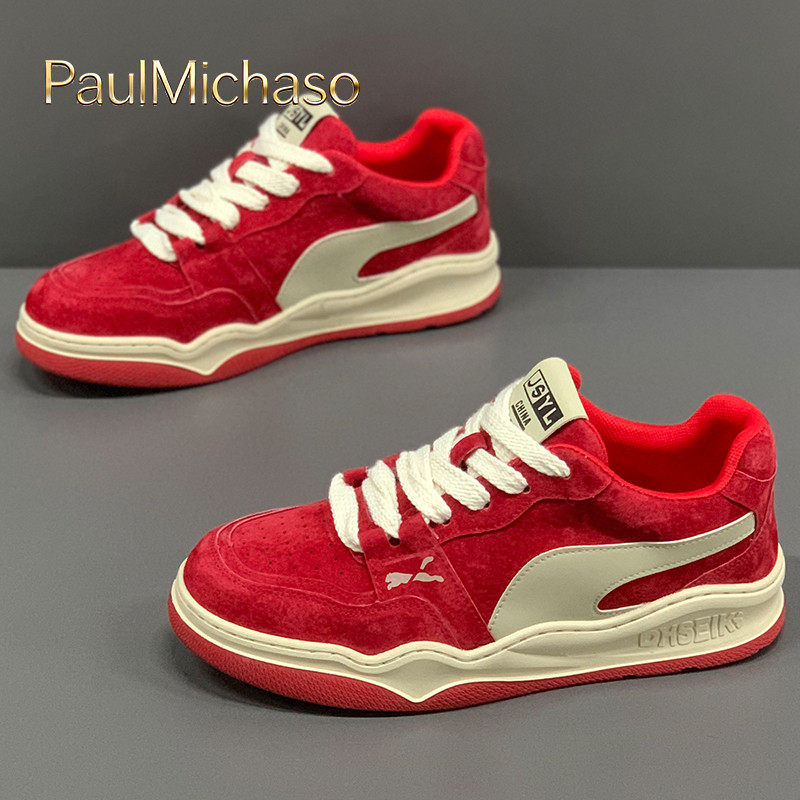 本命马年红色男鞋2026新款冬季男士低帮板鞋皮面运动休闲鞋子男款