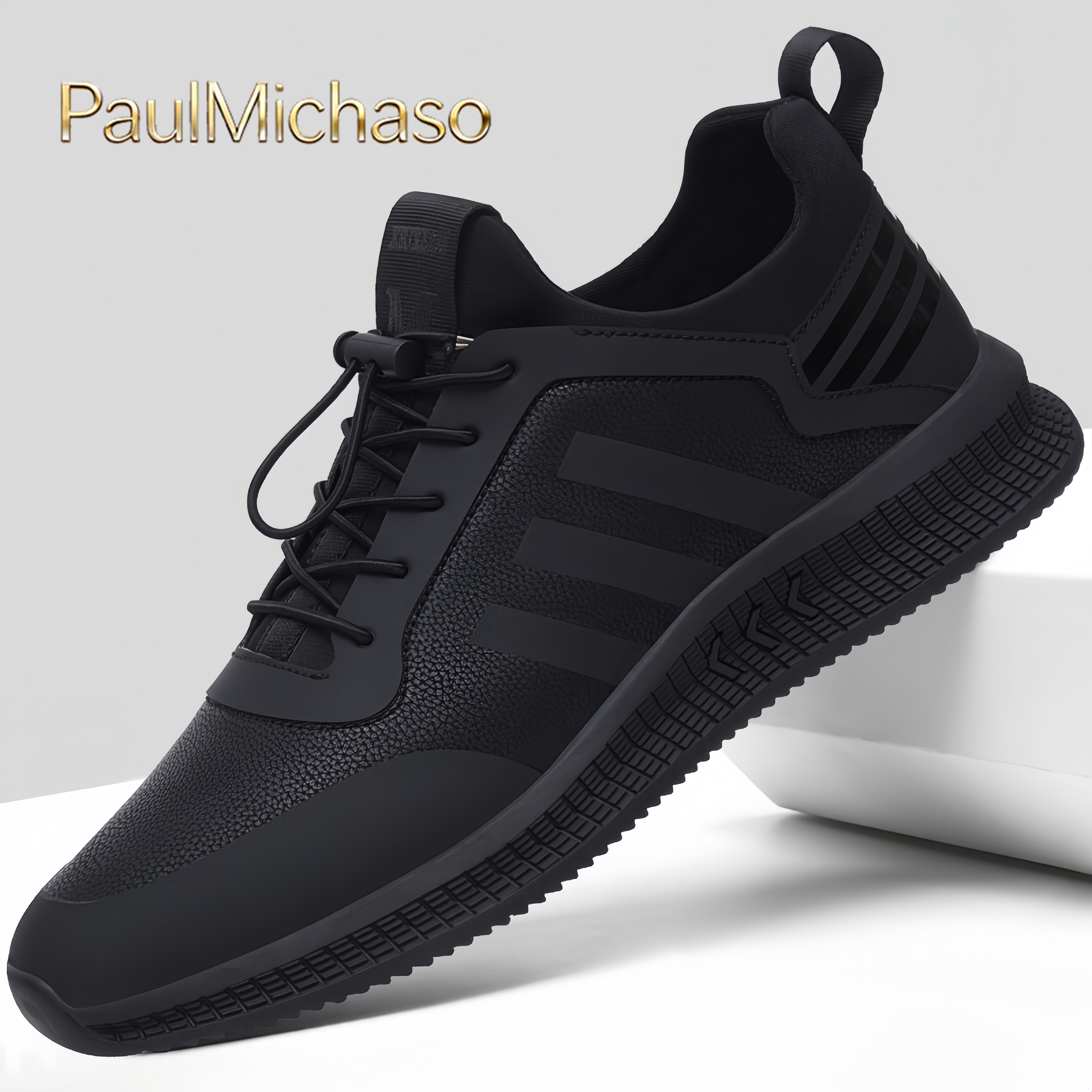 运动鞋男士2025新款冬季男鞋轻便软底跑步鞋黑色皮面休闲鞋子男款