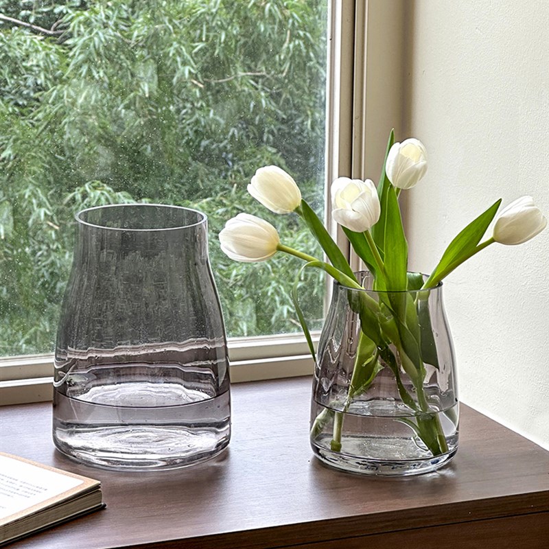 轻奢透明高级感h玻璃花瓶摆件客厅插花复古餐桌矮水培玫瑰大肚宽