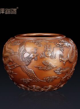 匠泽铜魂 纯紫铜龙凤缸摆件 招财缸铜缸聚宝盆家居创意画卷收纳缸