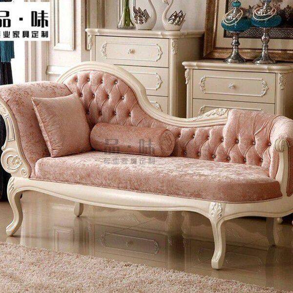 法式实木雕花布艺贵妃沙发卧室公主美人榻 欧式简约粉色沙发躺椅