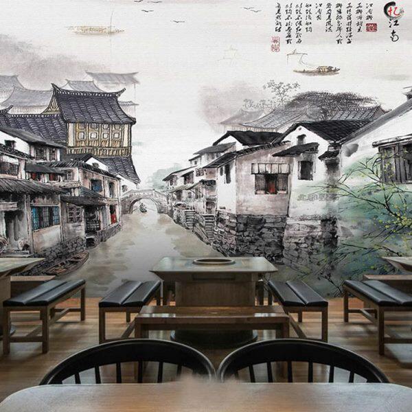 3d饭店墙纸江南水乡山水餐厅壁画火锅店复古水墨壁纸客厅背景墙布