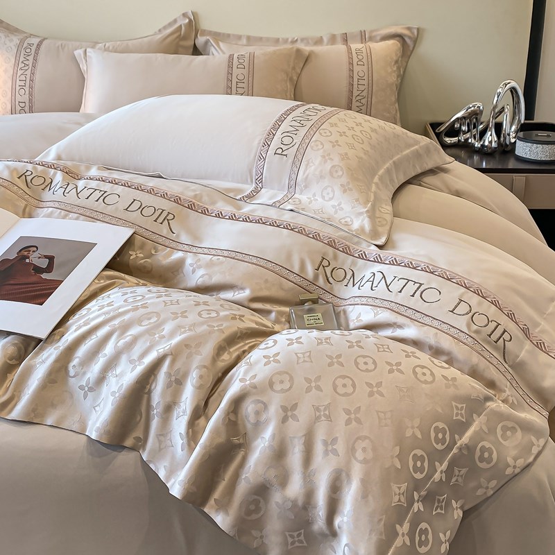 欧式冰丝四件套轻奢丝滑裸睡双面水洗真丝被套贡缎提花床单夏床品