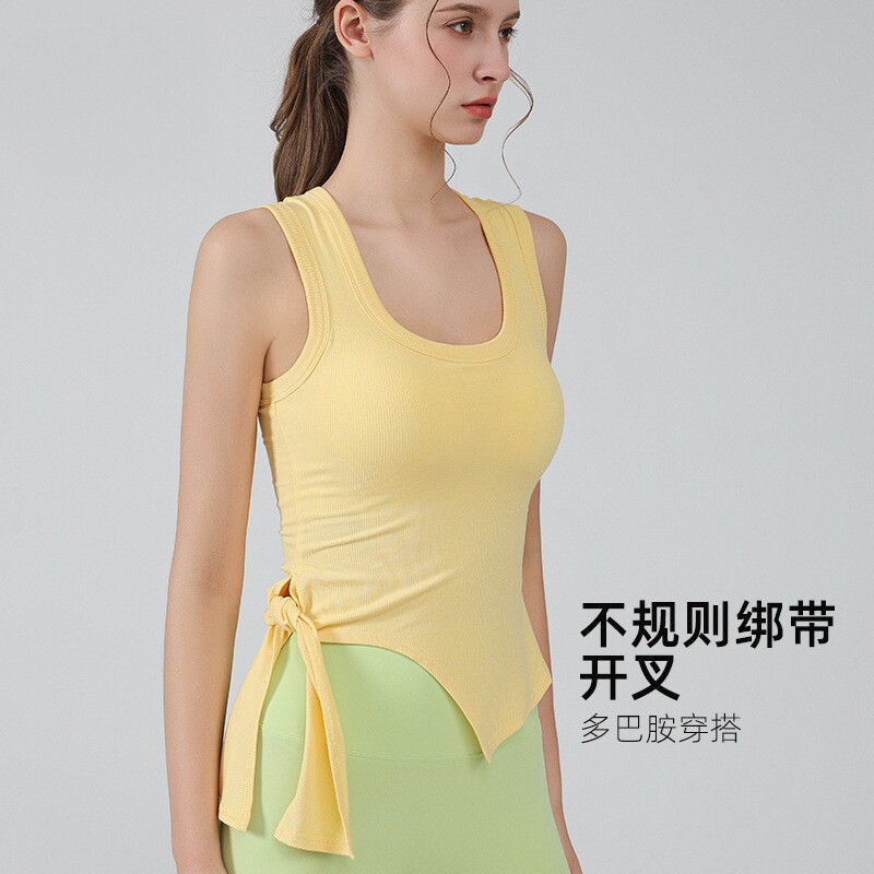 瑜伽上衣设计感不规则绑带开叉无袖背心女修身瘦腰带胸垫瑜伽上衣