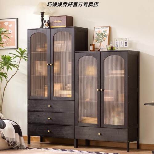 黑色中古风玻璃餐边柜酒柜展示窄