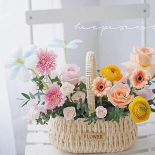 女干花八妇手提篮家居节编编织摆件藤编插花三花器草编花盆花蓝柳