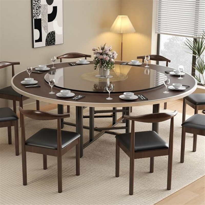 实木餐桌10人餐桌圆桌转盘家用小户型饭桌L大圆桌可折叠新中式餐