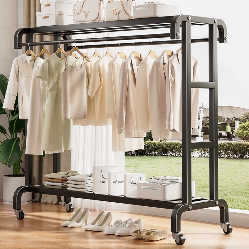 加粗晾衣架落地杆家用卧室晾衣杆室内带轮子M简易移动衣帽架挂衣