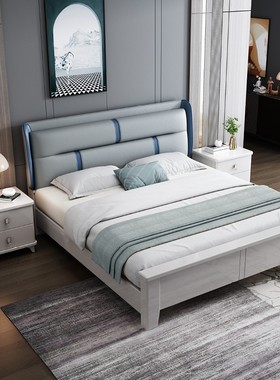 软靠背实木床灰色科技布现t代简约1.8米双人高箱储物床主卧轻奢床