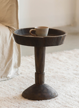 侘寂风黑色原木圆形p茶几实木沙发旁小边几民宿风格落地摆件装饰