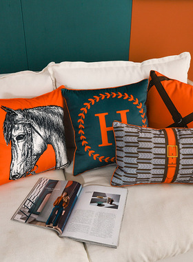 现代简约轻奢橙色沙发抱枕靠x垫橙红色暖色橘色样板间客厅靠枕靠