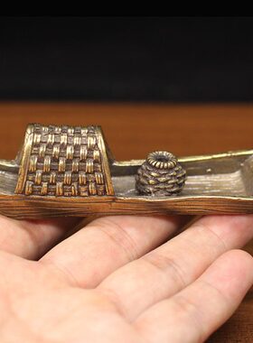 压铜船香插书房复古铜小摆件纯铜雕鸬鹚乌篷船实心仿古镇纸中式尺