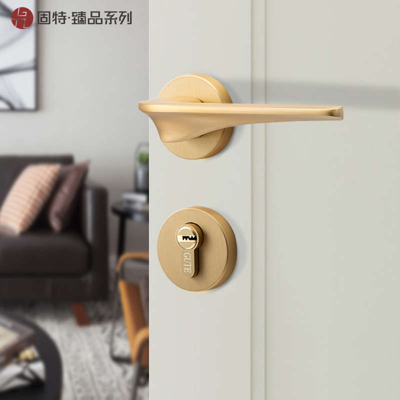 固特轻奢现代g门锁室内卧室房门锁实木分体门锁具简约金色静音门