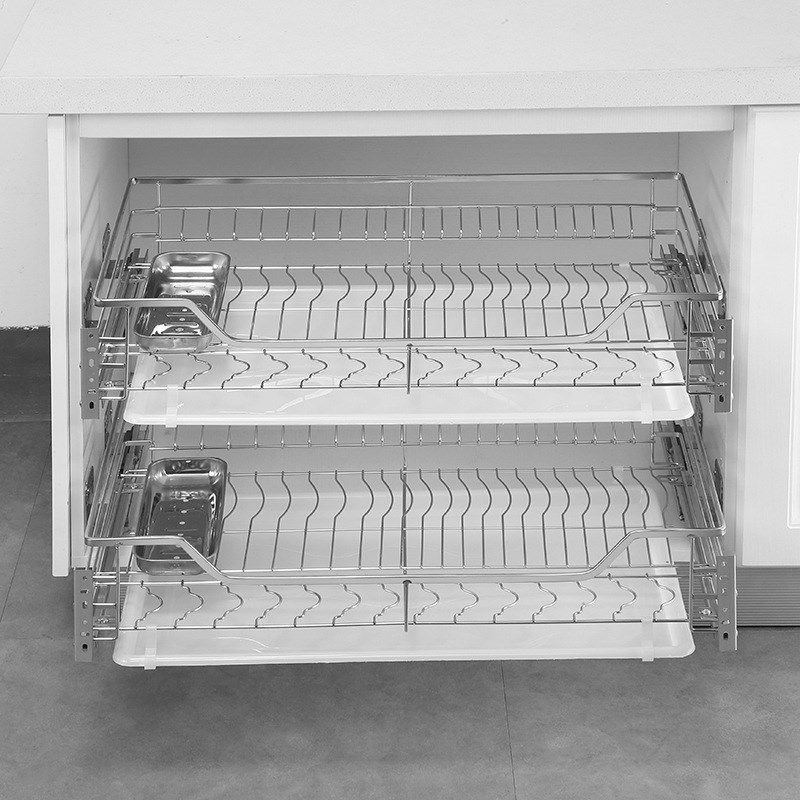 厂家双层实心不锈钢拉篮橱柜碗碟篮架厨房调味篮阻尼缓冲导轨