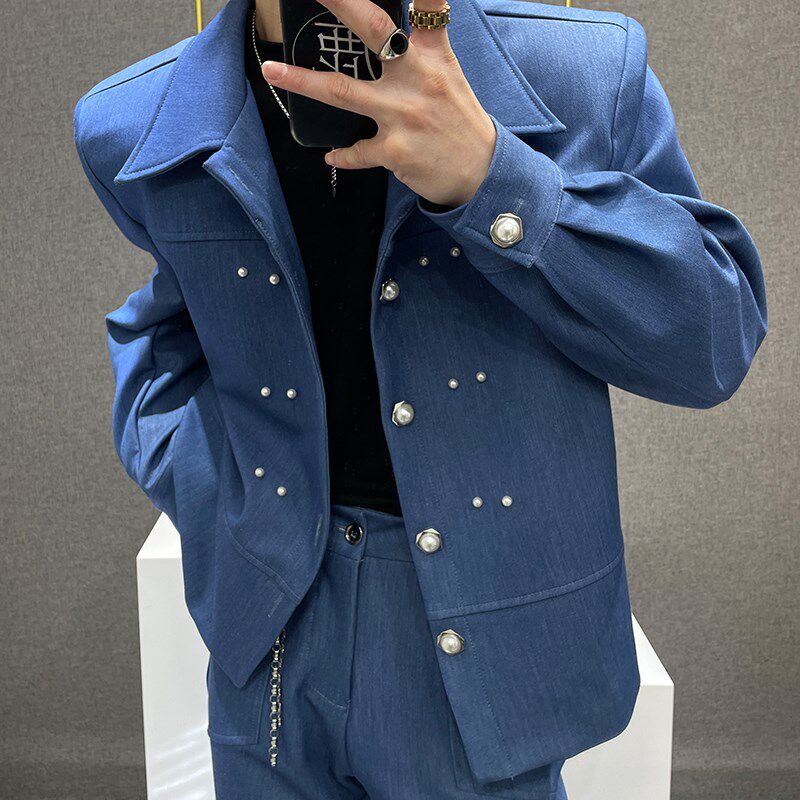 鹿鹿/小众设计感小香风套装男秋季高级感垫肩夹克喇叭裤两件套男