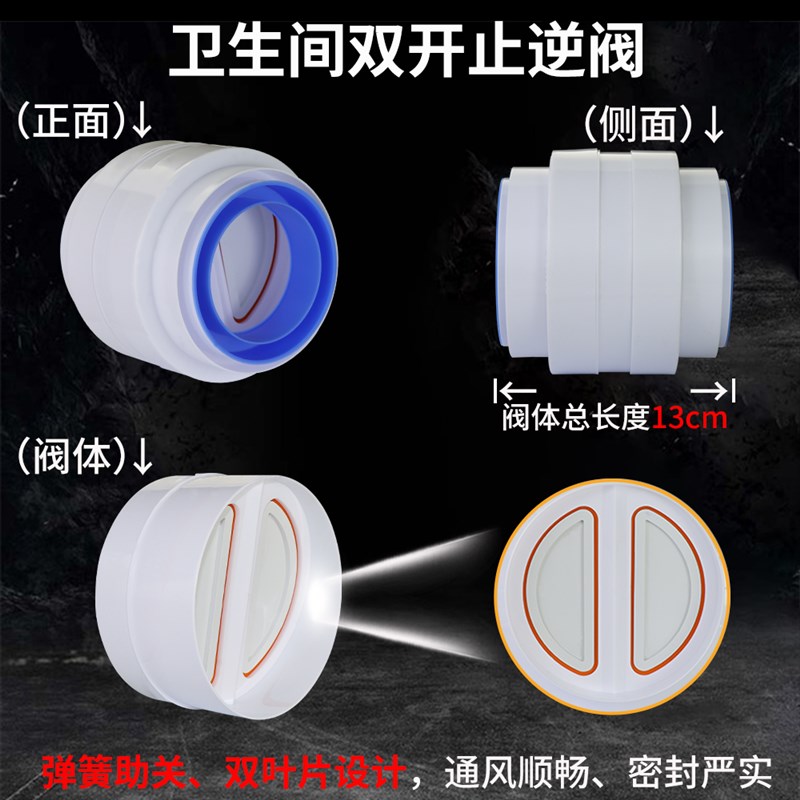 75/110PVC管道止逆阀卫生间80/100mm浴霸排气扇止回阀防臭味风阀