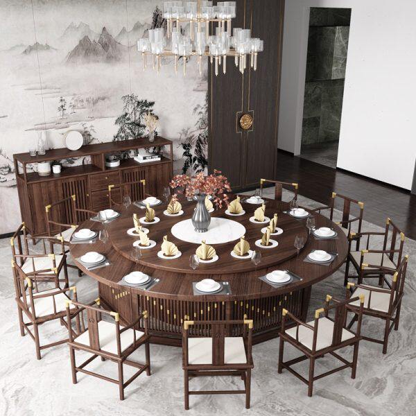 新中式酒店餐桌大圆桌10人15人20人会所包厢实木电动旋转盘火锅桌