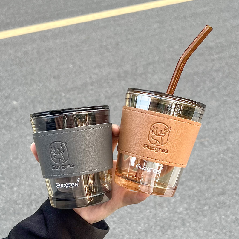 杯子女新款2022吸管玻璃杯高级感水杯学生办公带盖吸管杯咖啡杯