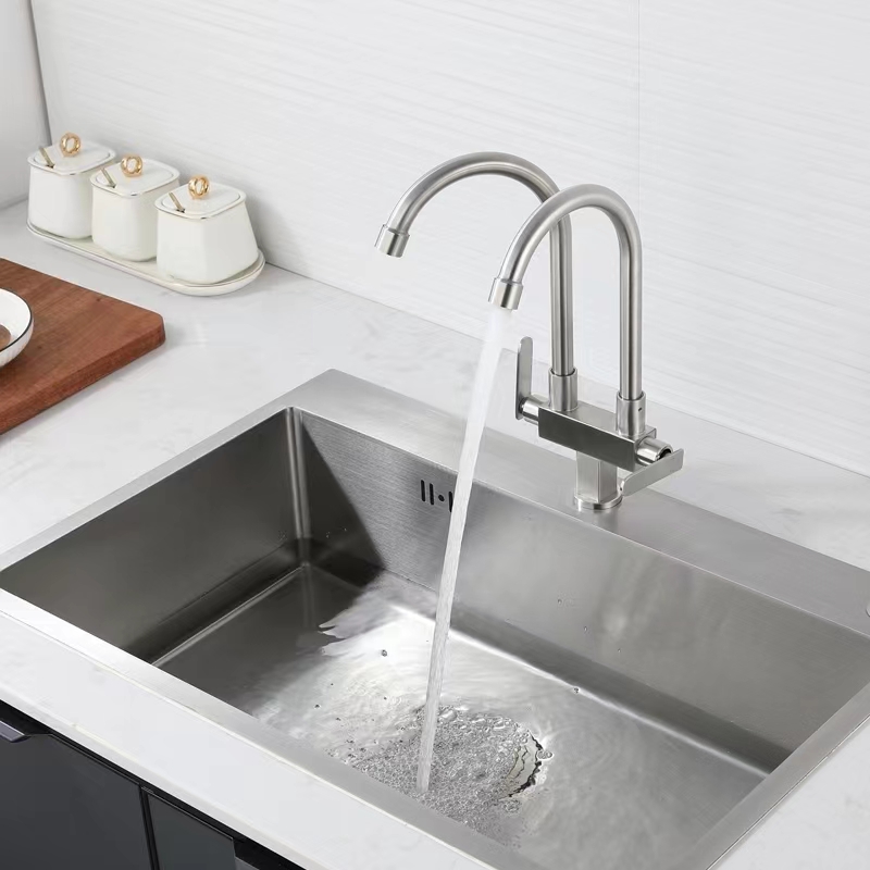 304不锈钢双开关双管单孔单冷厨房水龙头可旋转双把双控双出龙头